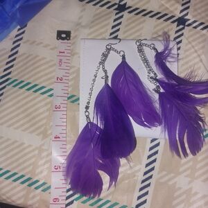 Vivid Purple Feather Drop Earrings with Silver Chains